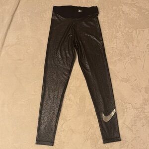 Nike Women's Shimmering Black Leggings with Silver Logo